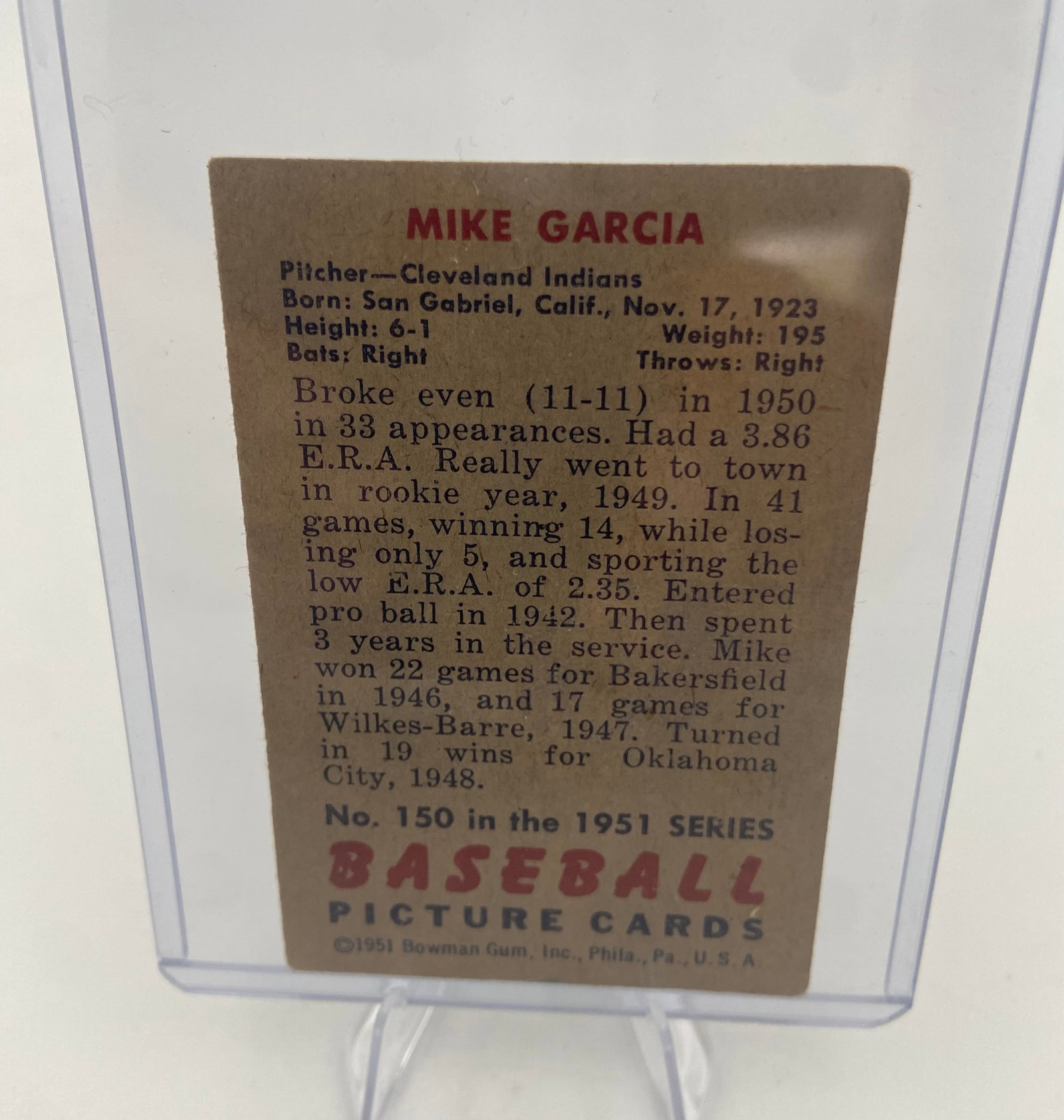 1952 Bowman Mike Garcia Cleveland Indians Baseball Card - 2