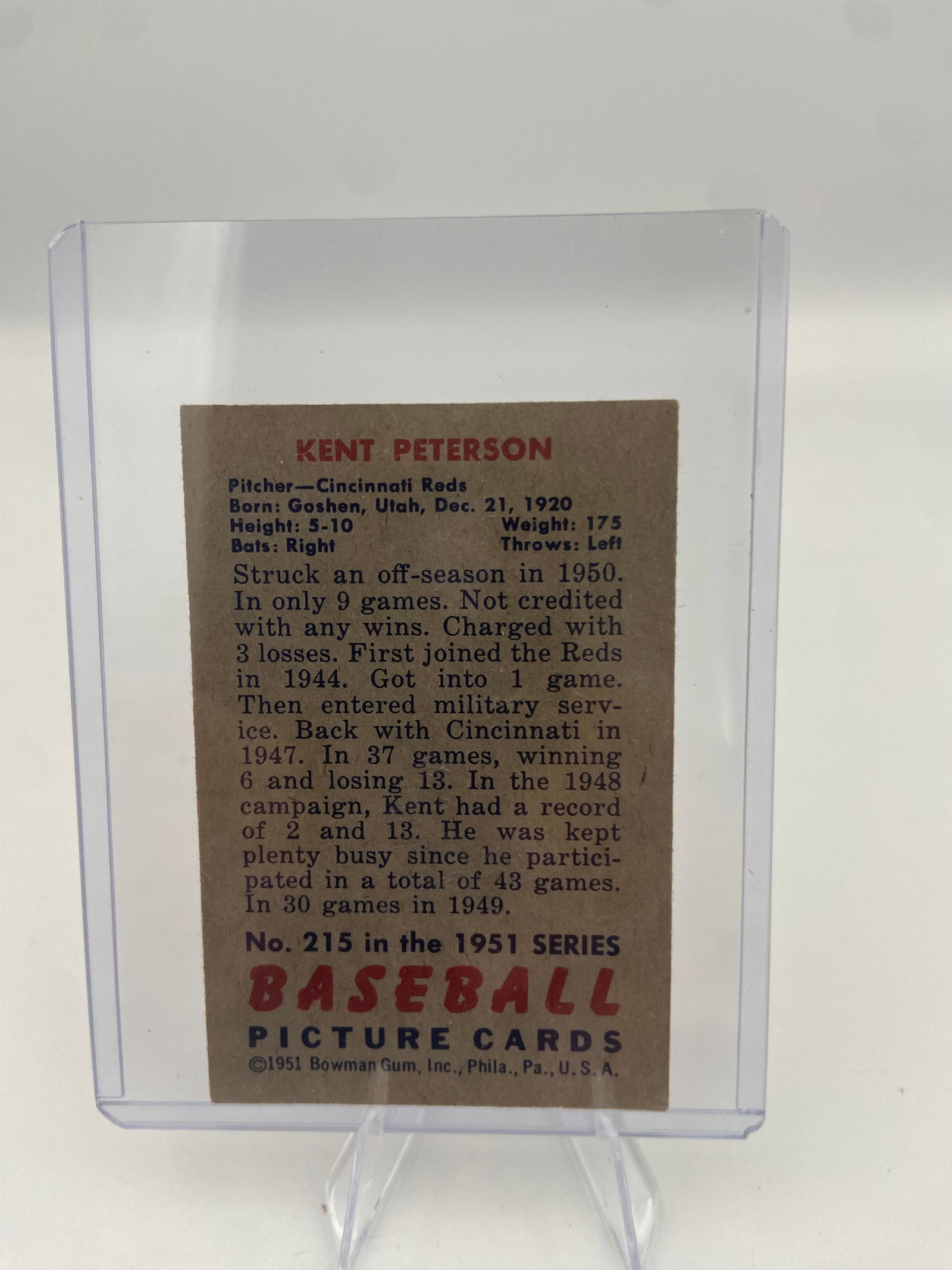 1951 Topps Kent Peterson Baseball Card - 2