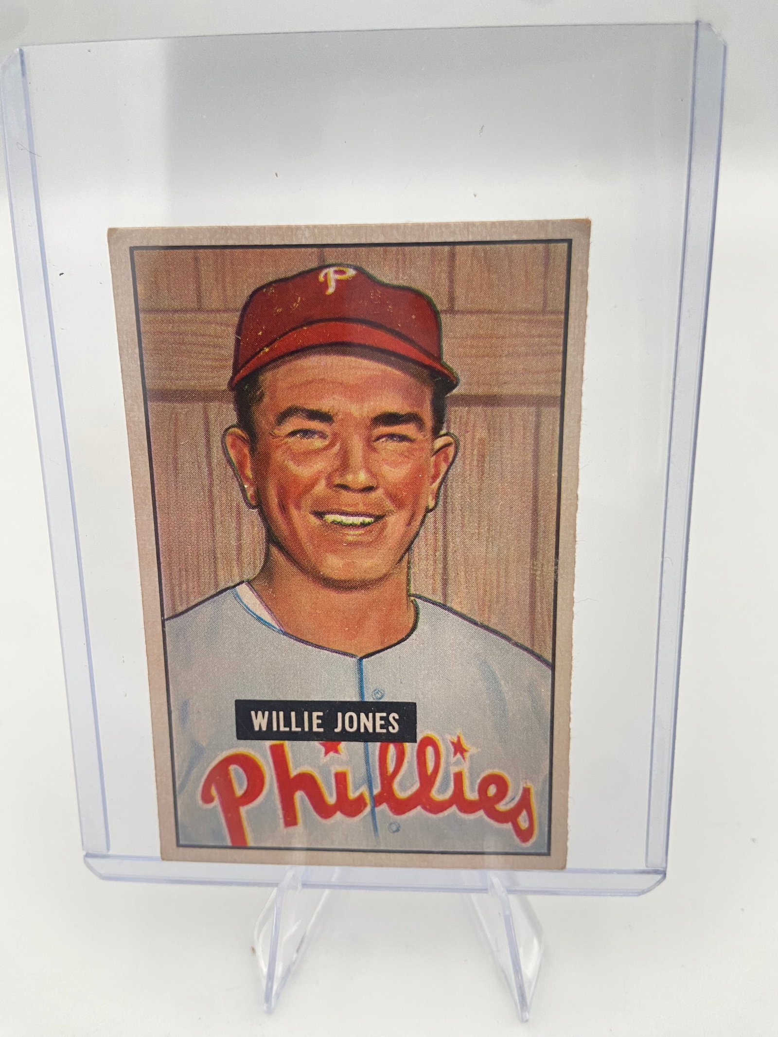 1954 Bowman Willie Jones Phillies Baseball Card: This is a 1954 Bowman baseball card featuring Philadelphia Phillies third baseman Willie Jones. The card displays a vibrant portrait style typical of the 1954 Bowman set, which is known for its horizo