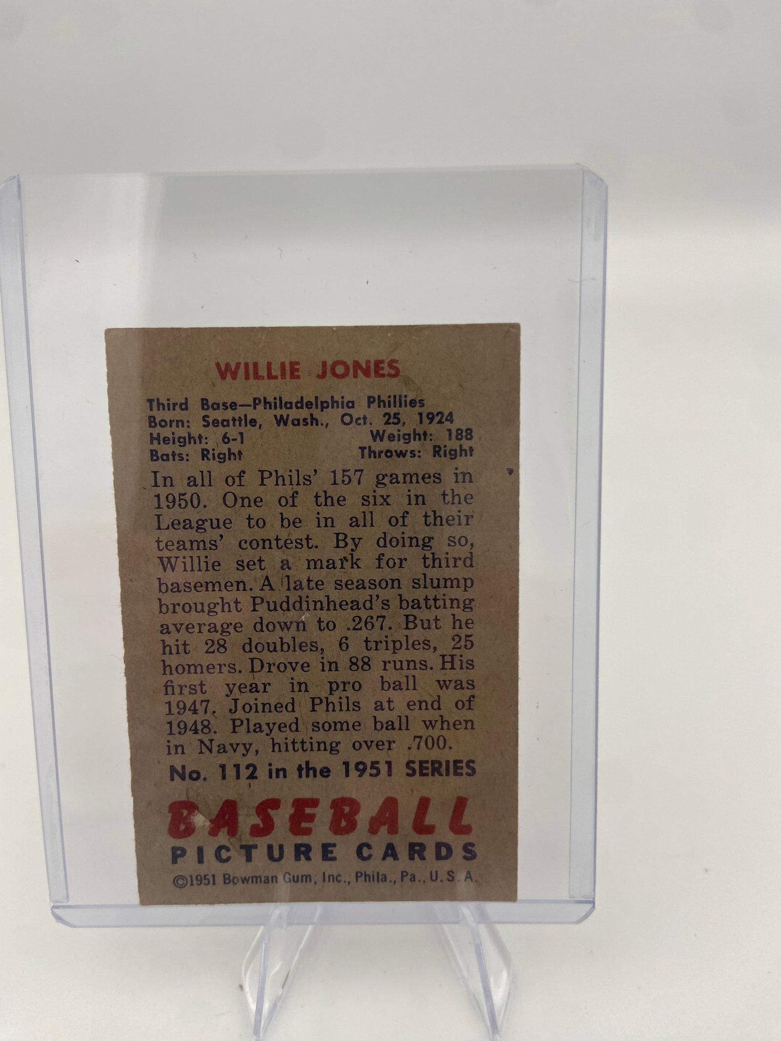 1954 Bowman Willie Jones Phillies Baseball Card - 2