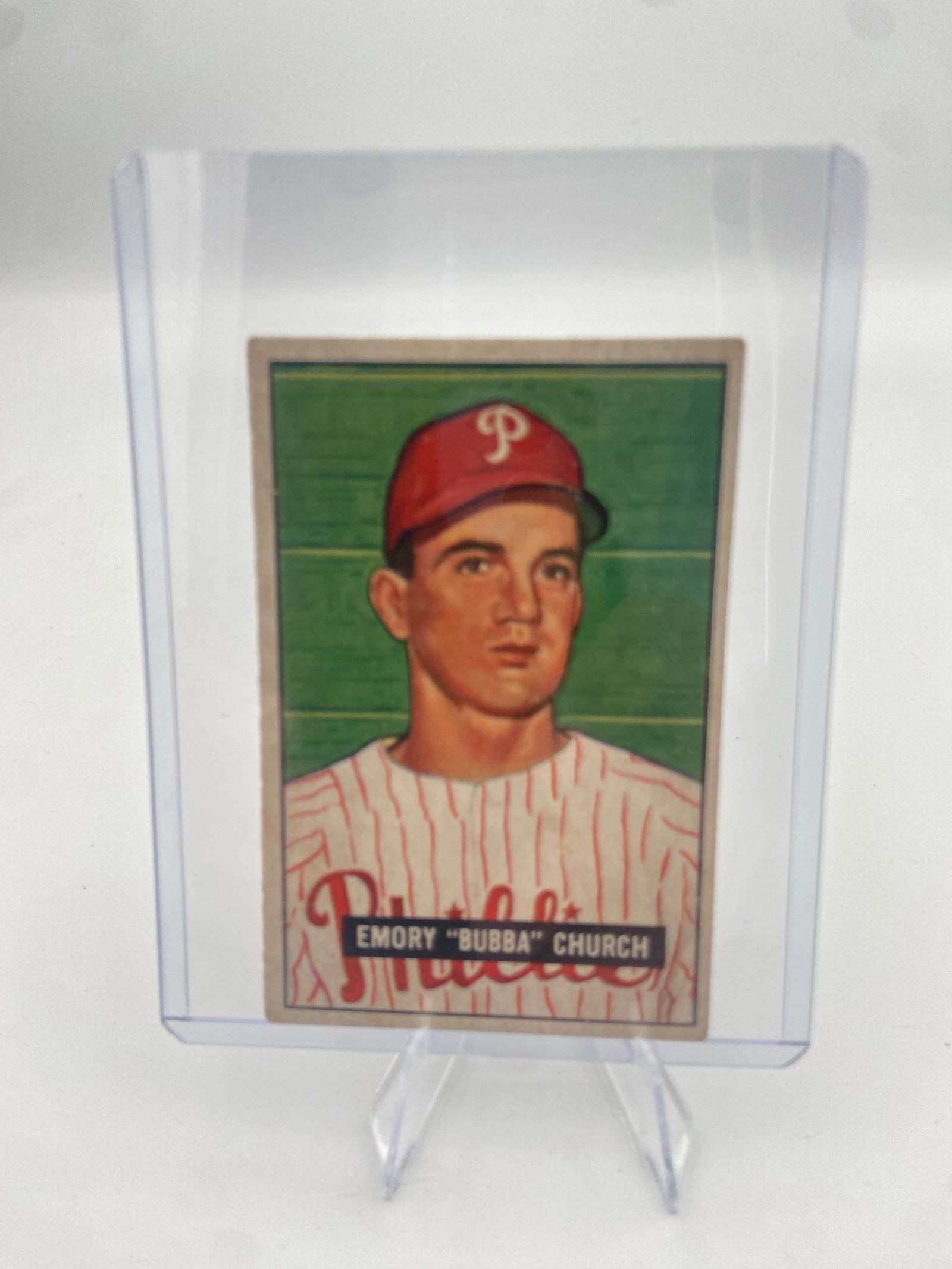 1952 Topps Emory Bubba Church Baseball Card: This is a 1952 Topps baseball card featuring Emory Bubba Church of the Philadelphia Phillies. The card is protected in a hard plastic top loader.