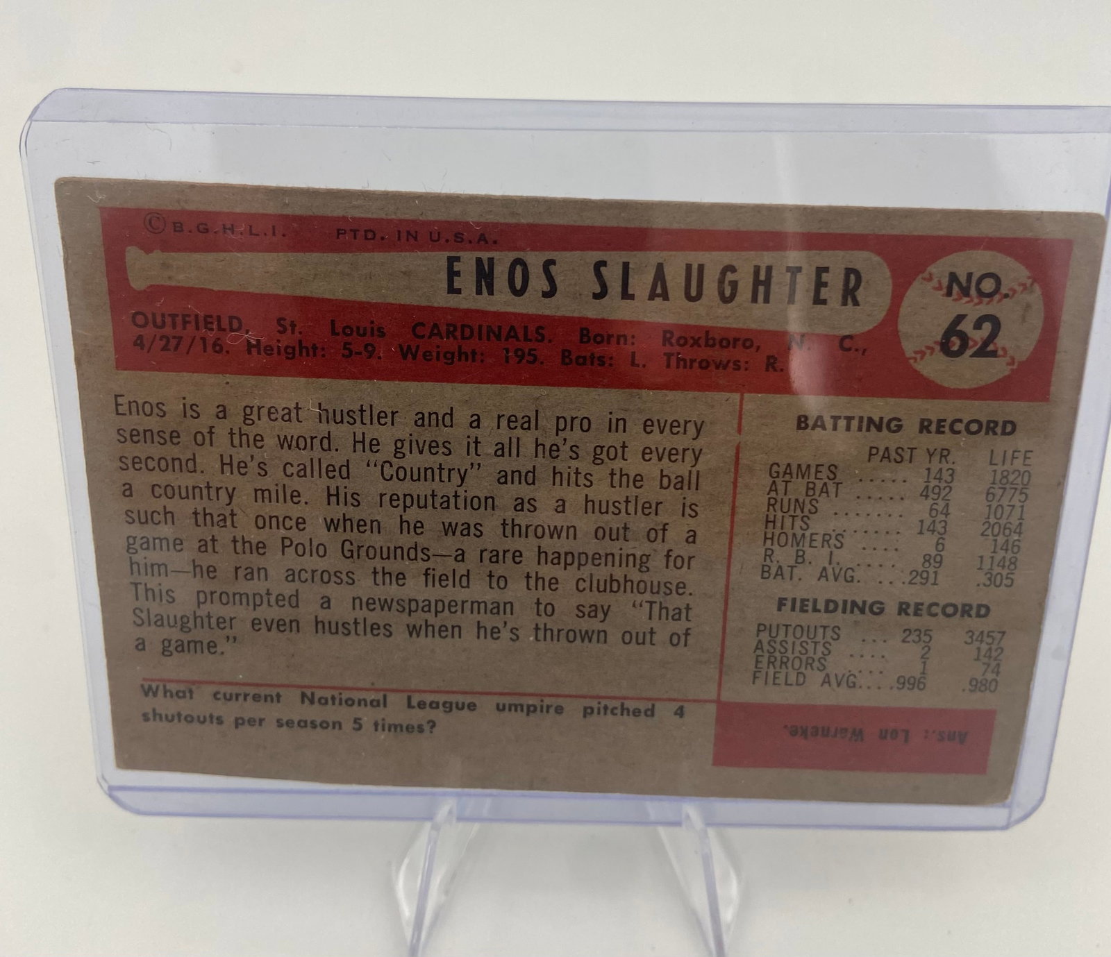 Enos Slaughter 1954 Bowman Baseball Card - 2