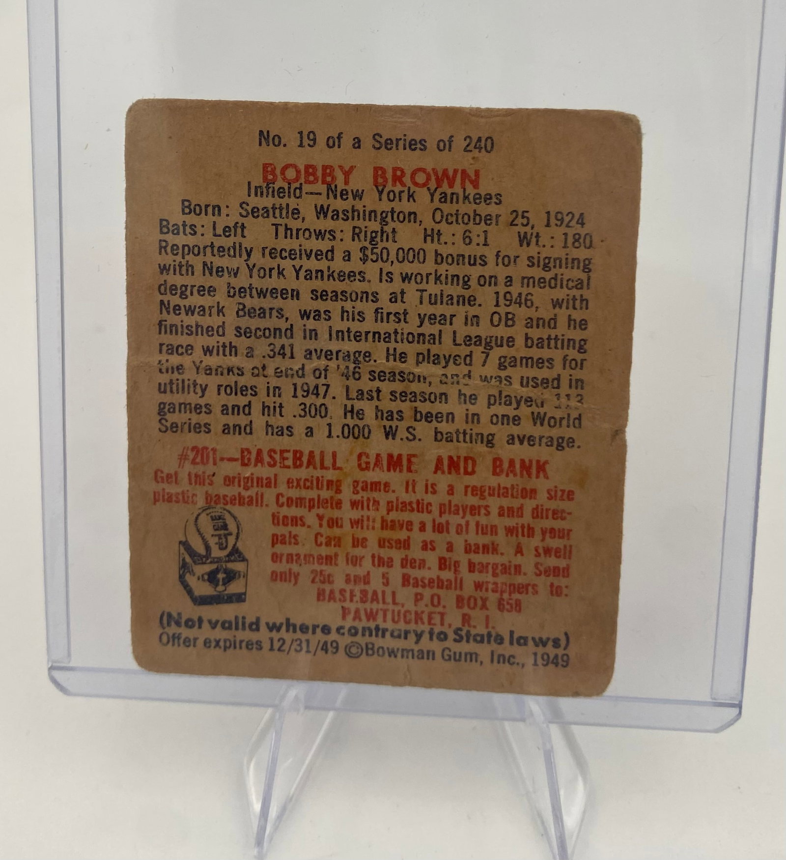 1949 Bowman Bobby Brown Baseball Card - 2