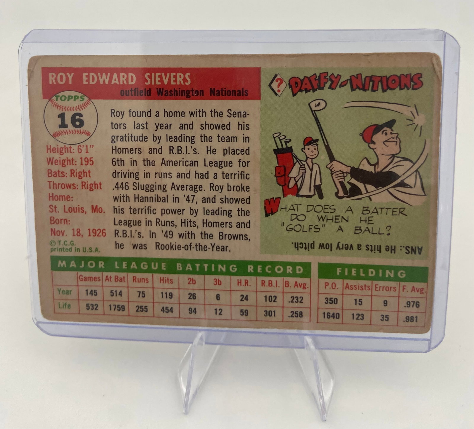 1955 Topps Roy Sievers Washington Senators Baseball Card - 2