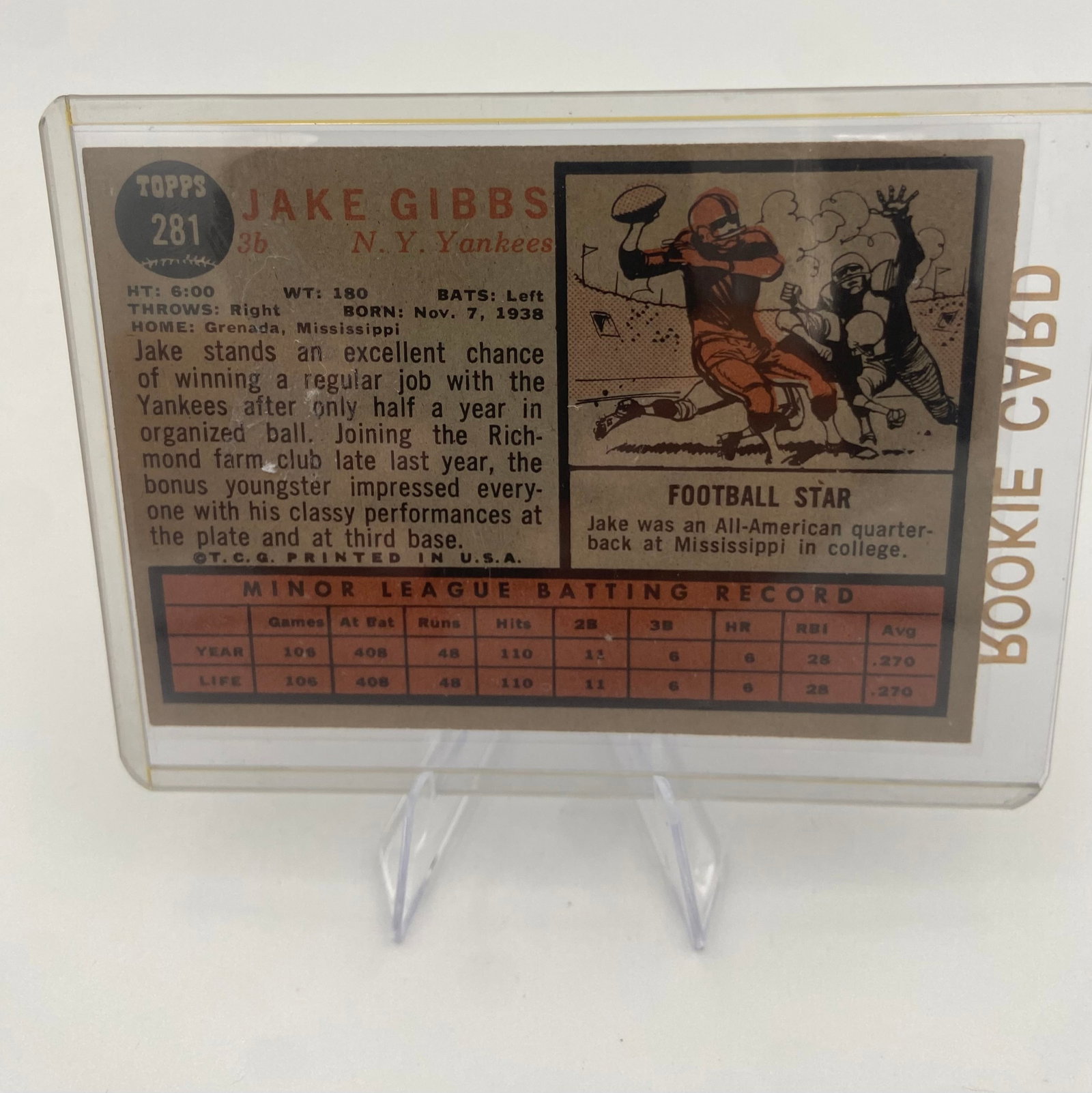 1962 Topps Jake Gibbs Rookie Card - 2