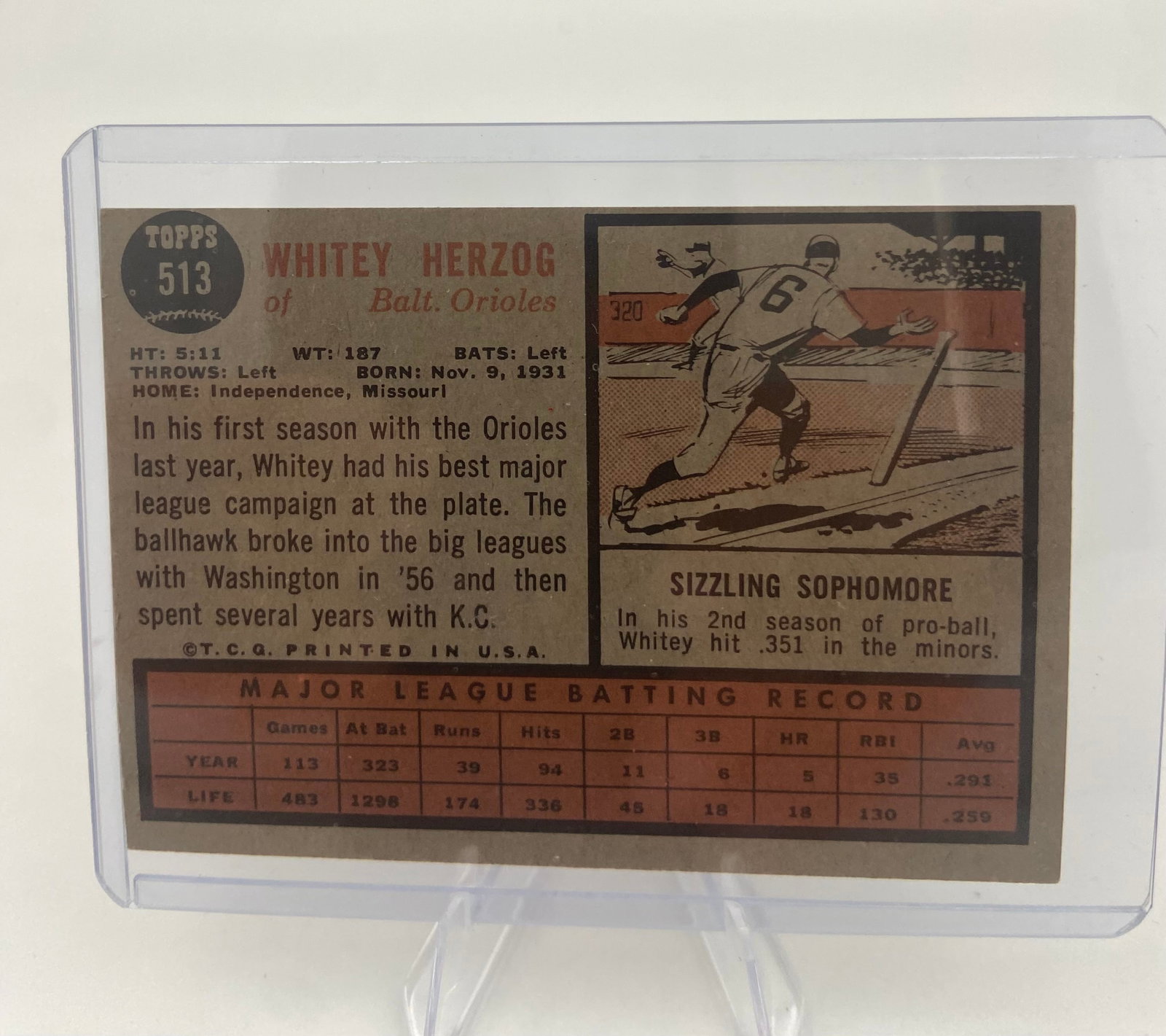 1962 Topps Whitey Herzog Baltimore Orioles Baseball Card - 2