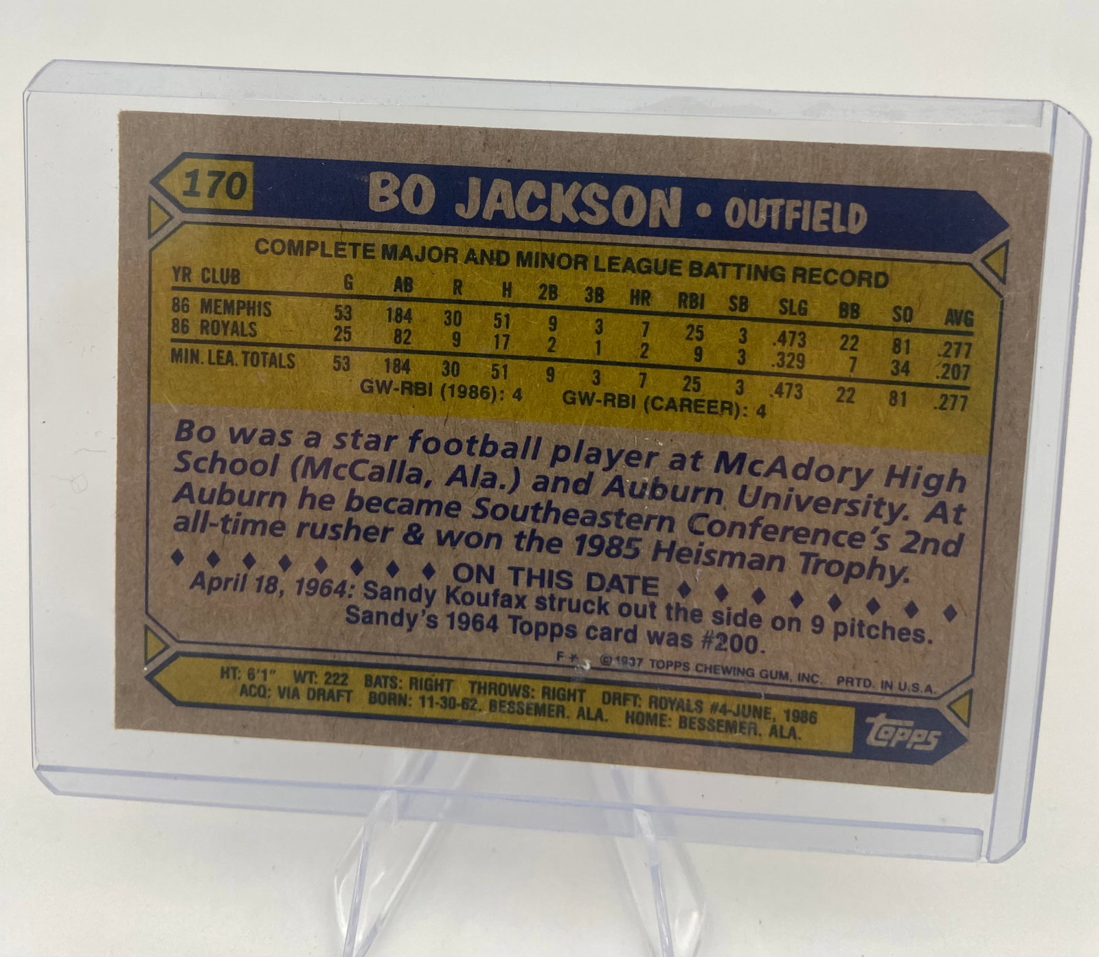 1987 Topps Bo Jackson Future Stars Rookie Card - 2