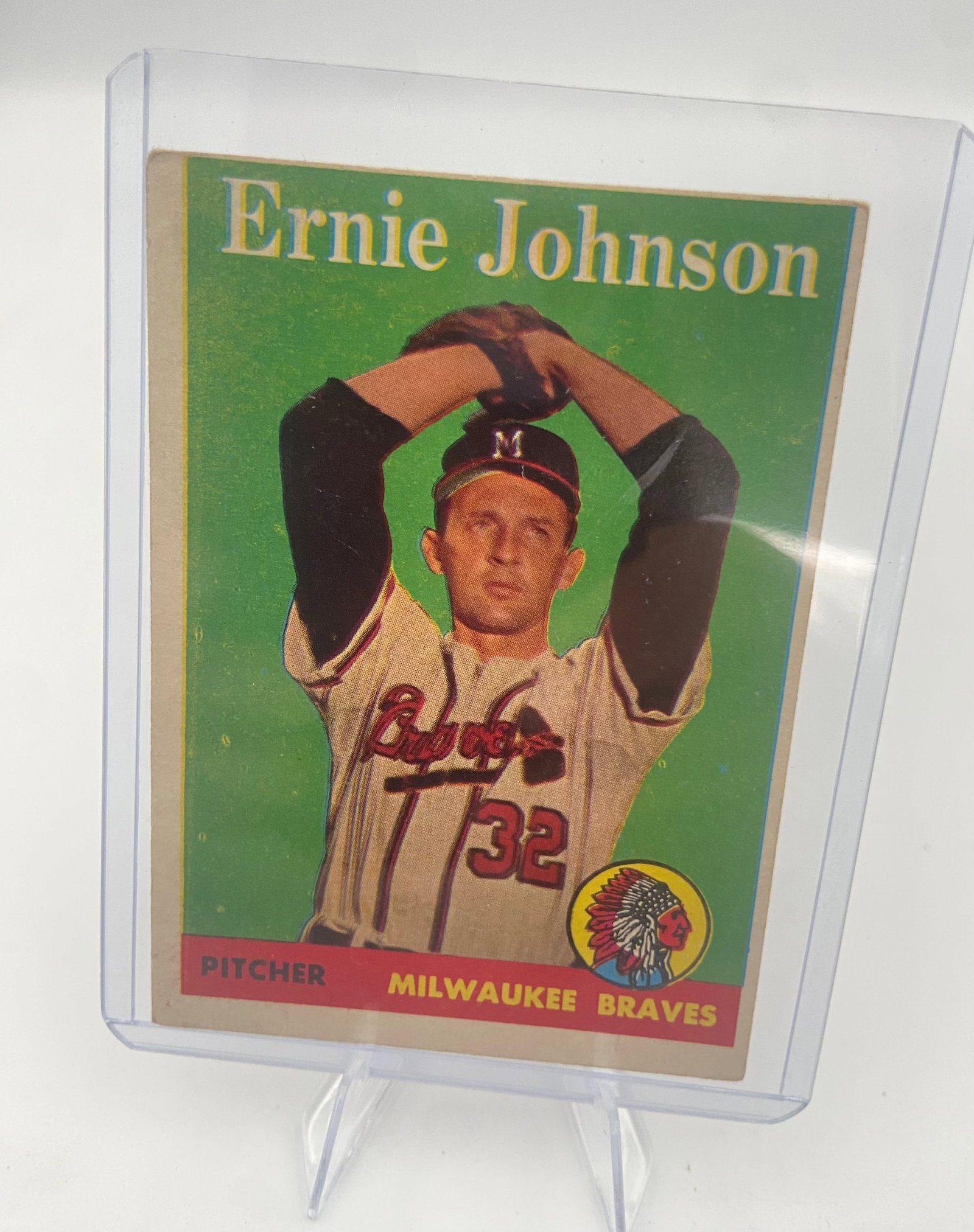 1954 Topps Ernie Johnson Baseball Card: This is a 1954 Topps baseball card featuring pitcher Ernie Johnson of the Milwaukee Braves. The card displays a classic vintage portrait design with the team's iconic Indian logo.