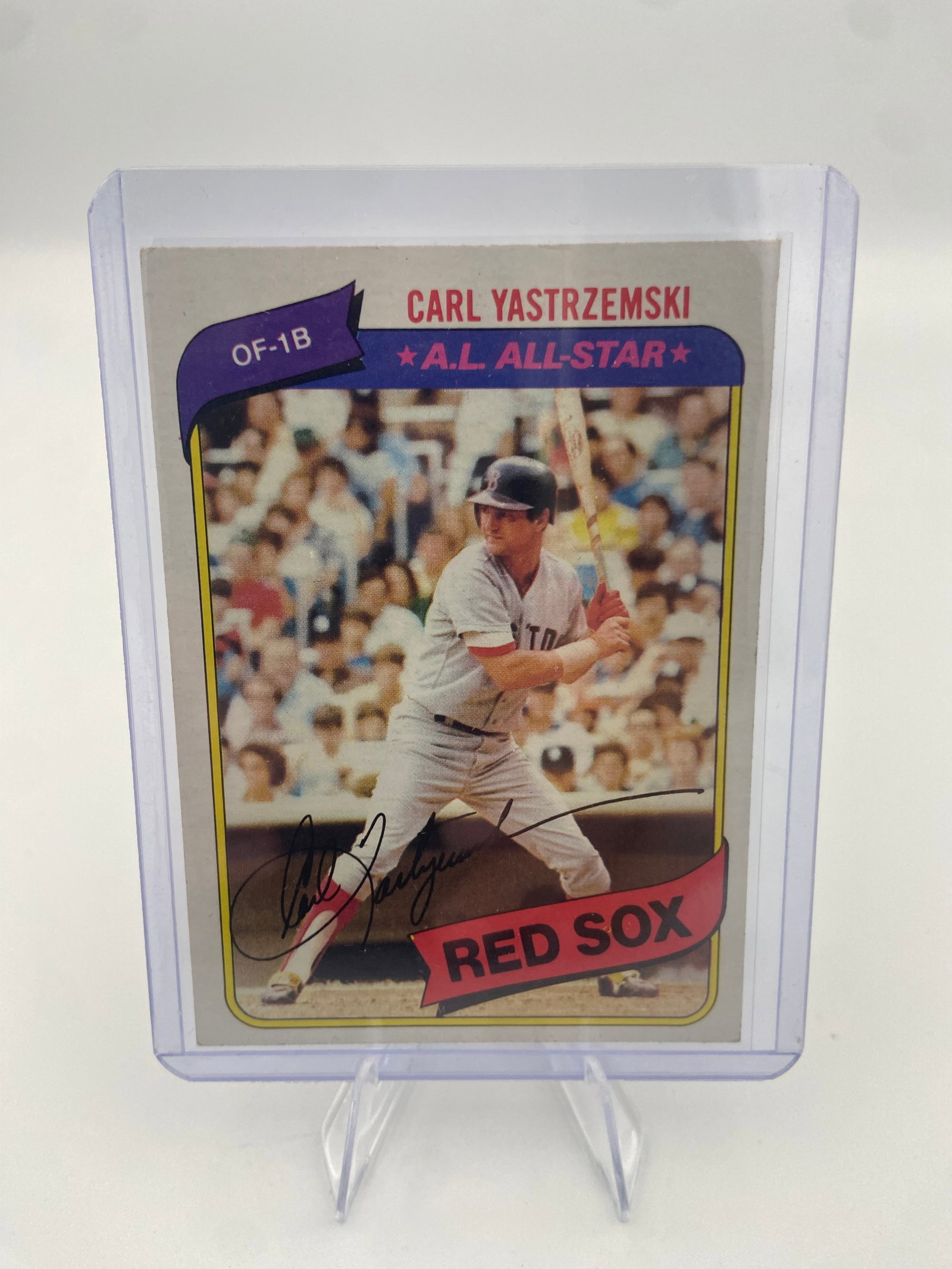 1971 Topps Carl Yastrzemski All-Star Baseball Card: This is a 1971 Topps American League All-Star baseball card featuring Hall of Famer Carl Yastrzemski of the Boston Red Sox. The card is encased in a protective plastic top loader. It highlights his Al