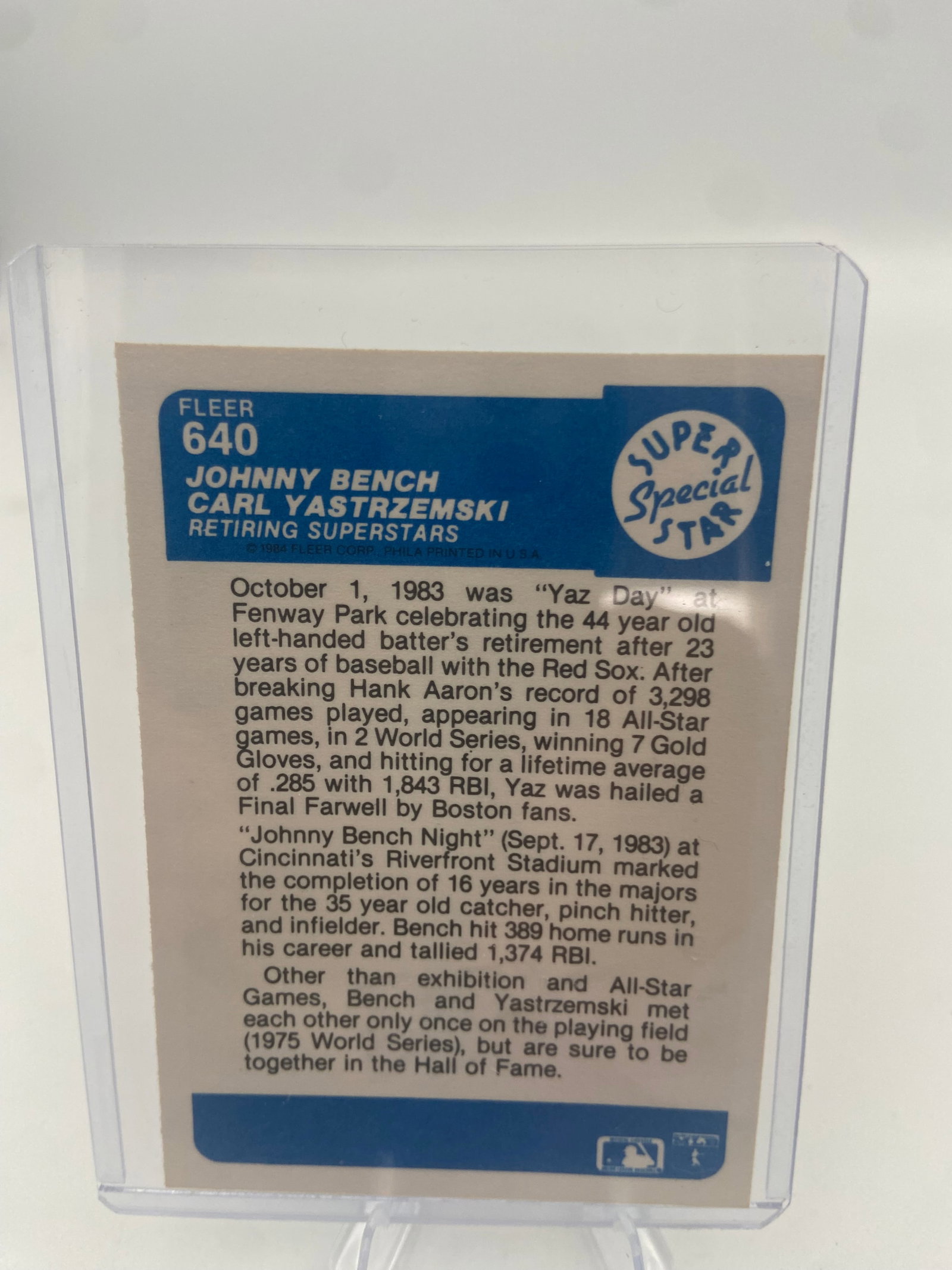 1984 Fleer Bench & Yaz Retiring Superstars Card - 2