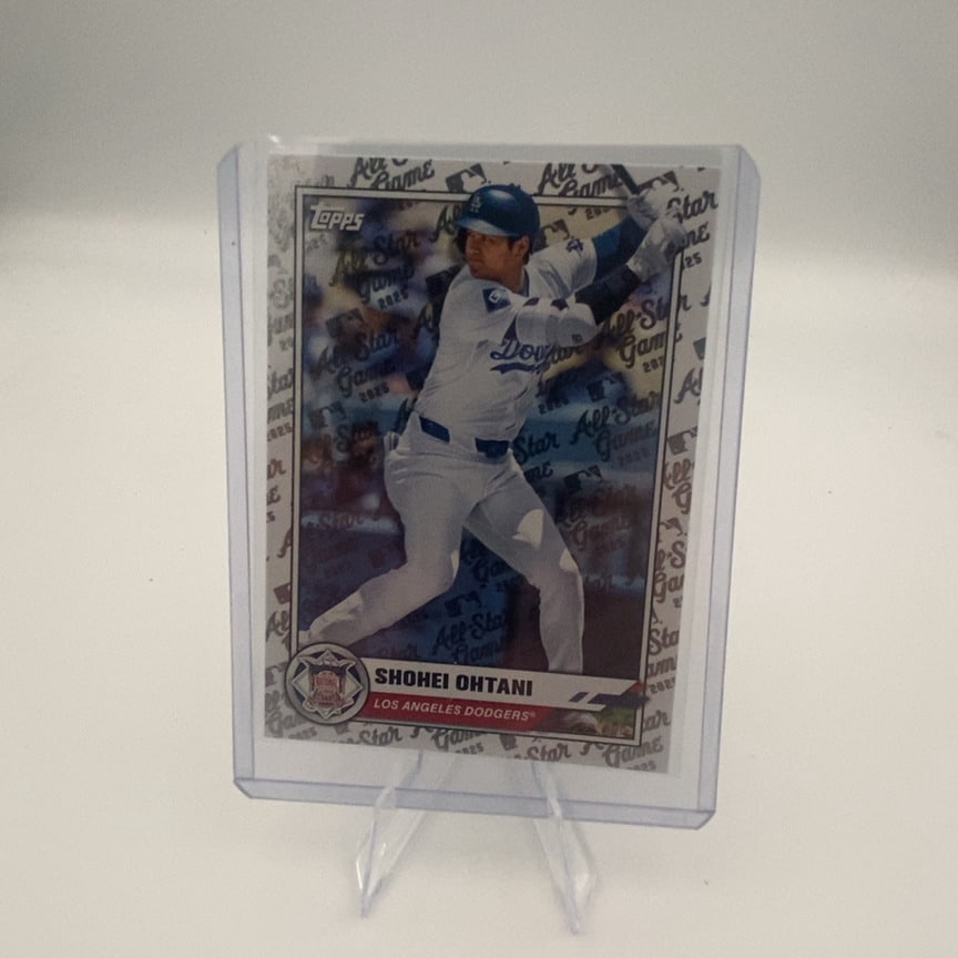 2025 Topps Shohei Ohtani All-Star Game Card: 025 Topps baseball trading card featuring Shohei Ohtani of the Los Angeles Dodgers. The design highlights the 2025 MLB All-Star Game with a specialized background pattern.
