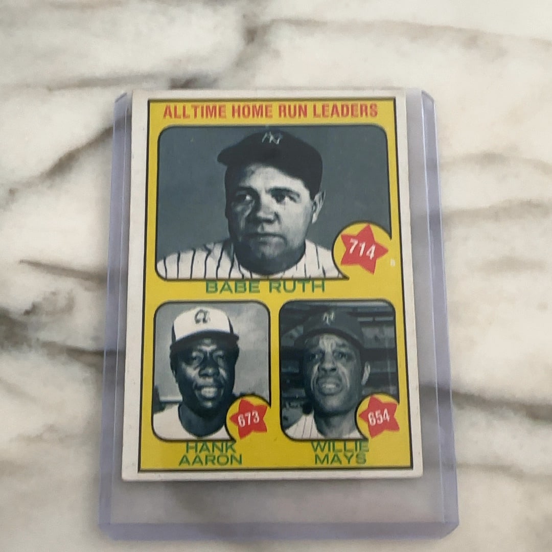 baseball legends Babe Ruth, Hank Aaron, and Willie Mays: This vintage sports card features portraits of baseball legends Babe Ruth, Hank Aaron, and Willie Mays. The card displays their respective all-time home run totals inside red star graphics against a