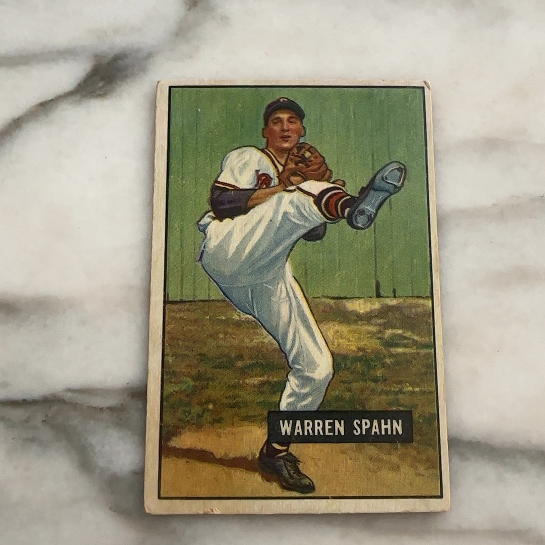 1951 Bowman Warrent Spahn: Great Card - Should Grade Well - Soft Corners but Good - VG -Raw - ungraded - condition is as shown and sold as is
