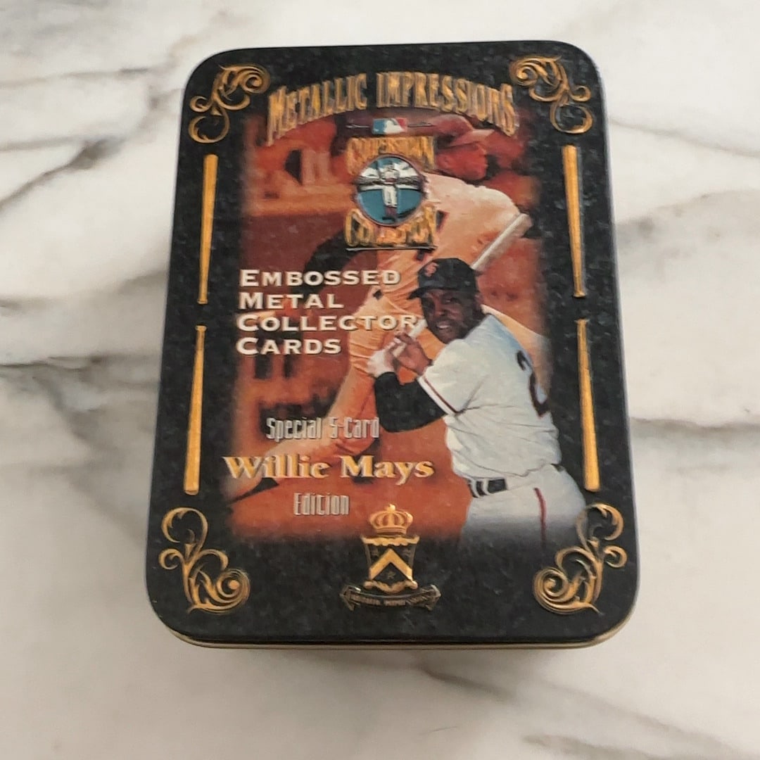 Small Sets - Sports Trading Cards: This is a collectible metal tin featuring baseball legend Willie Mays. It contains a special five-card edition set produced by Metallic Impressions. The tin features ornate gold accents and a
