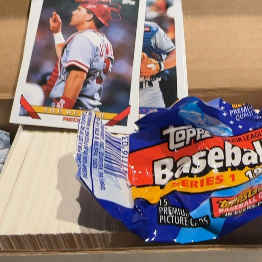 Box of 1993 Topps Classic Baseball trading cards: Used Packs Still In BOX!!!! 1993 Topps Baseball trading card wax packs inside a cardboard box. The blue wrappers feature the 'Classic' logo, the year ''93'.Unsorted small sets - did not check the