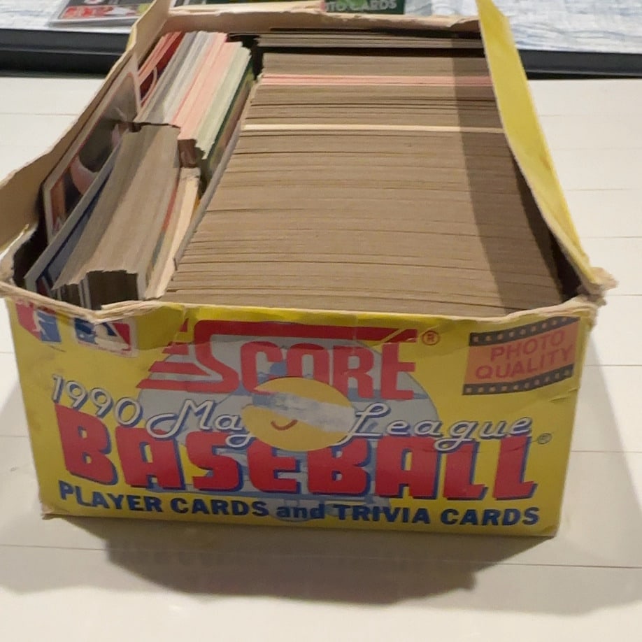 1990 Score and Topps Misc open box Small Sets - Sports Trading Cards: Unsorted small sets - did not check vintage display box filled with a large collection of 1990 Score Major League Baseball player cards and trivia cards. did not count or cards in box - cards are all
