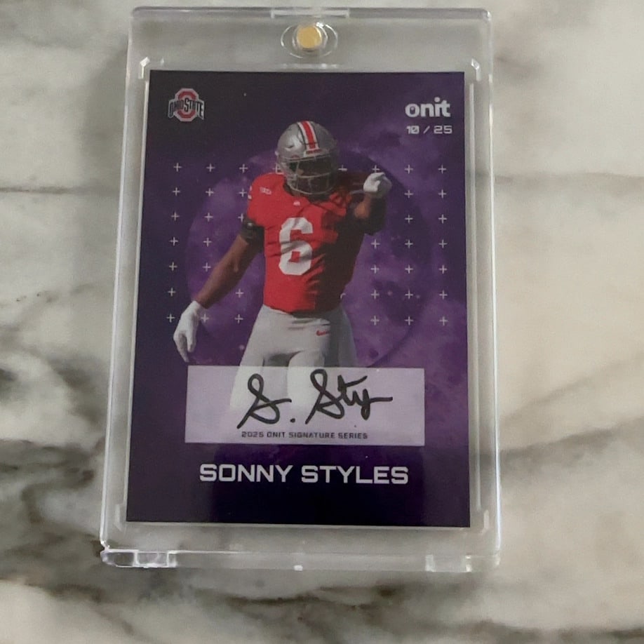 Sonny Styles 2025 Onit Signature Series: This is a 2025 Onit Signature Series trading card featuring Ohio State Buckeyes player Sonny Styles. The card features an authentic autograph and is serial-numbered 10/25 in the top right corner. The