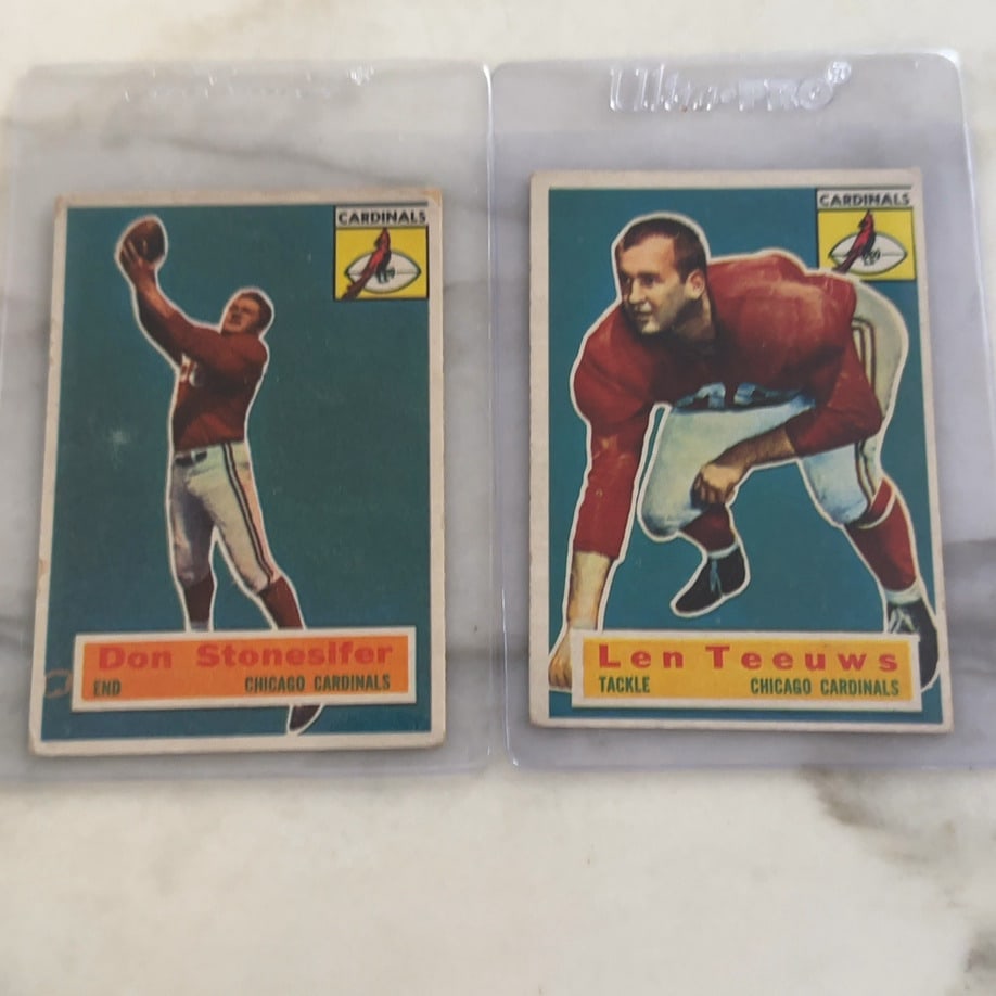 Don Stonesifer and Len Teeuws Football Cards: This image features two vintage 1955 Bowman Chicago Cardinals football cards in protective sleeves. The left card depicts player Don Stonesifer (End), and the right card depicts player Len Teeuws