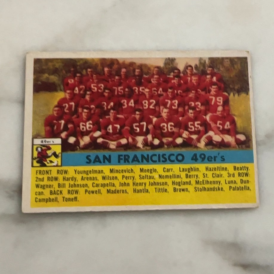 1955 Bowman San Francisco 49ers Team Card: A vintage 1955 Bowman football card featuring a team photograph of the San Francisco 49ers. The card includes a roster list at the bottom, identifying players by row, including notable names like Joe