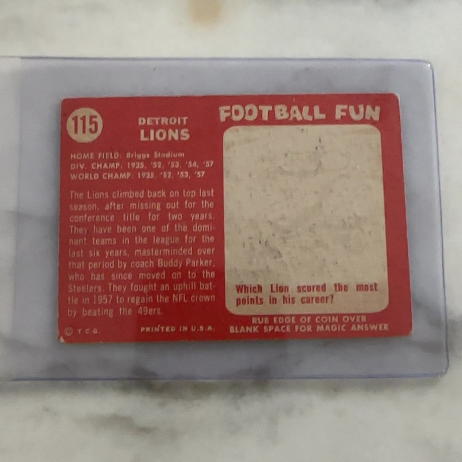 1960 Topps Detroit Lions Team Card - 2