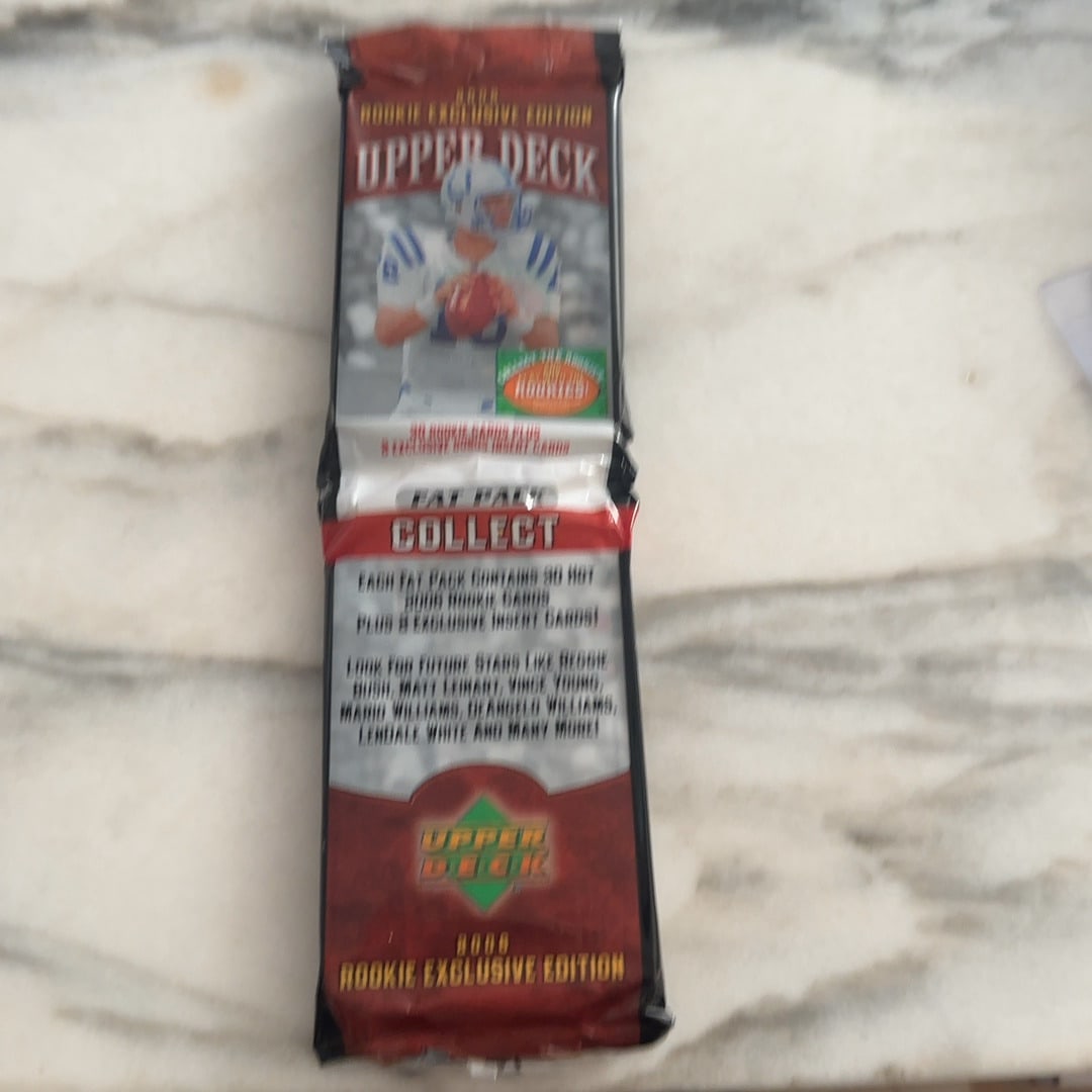 2006 Upper Deck Rookie Exclusive Edition Football Fat Pack: This is a sealed 2006 Upper Deck Rookie Exclusive Edition football fat pack. The packaging features text mentioning 30 rookie cards plus 8 exclusive bonus insert cards, and lists various future stars