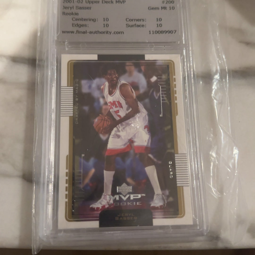 2001-02 Upper Deck MVP Jeryl Sasser Rookie Card: This is a 2001-02 Upper Deck MVP rookie trading card featuring NBA player Jeryl Sasser. The card is professionally graded by Final Authority as a Gem Mt 10.