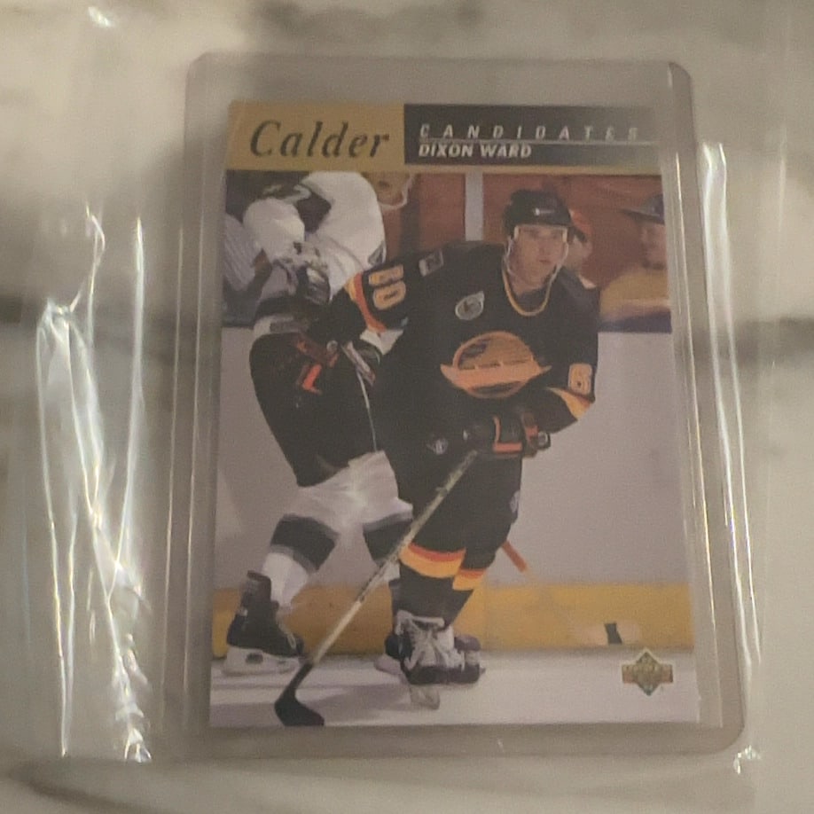 Dixon Ward 1993-94 Upper Deck Calder Candidates Card: This is a 1993-94 Upper Deck trading card featuring NHL player Dixon Ward. The card is part of the 'Calder Candidates' insert set, highlighting rookies competing for the Calder Memorial Trophy. The ca