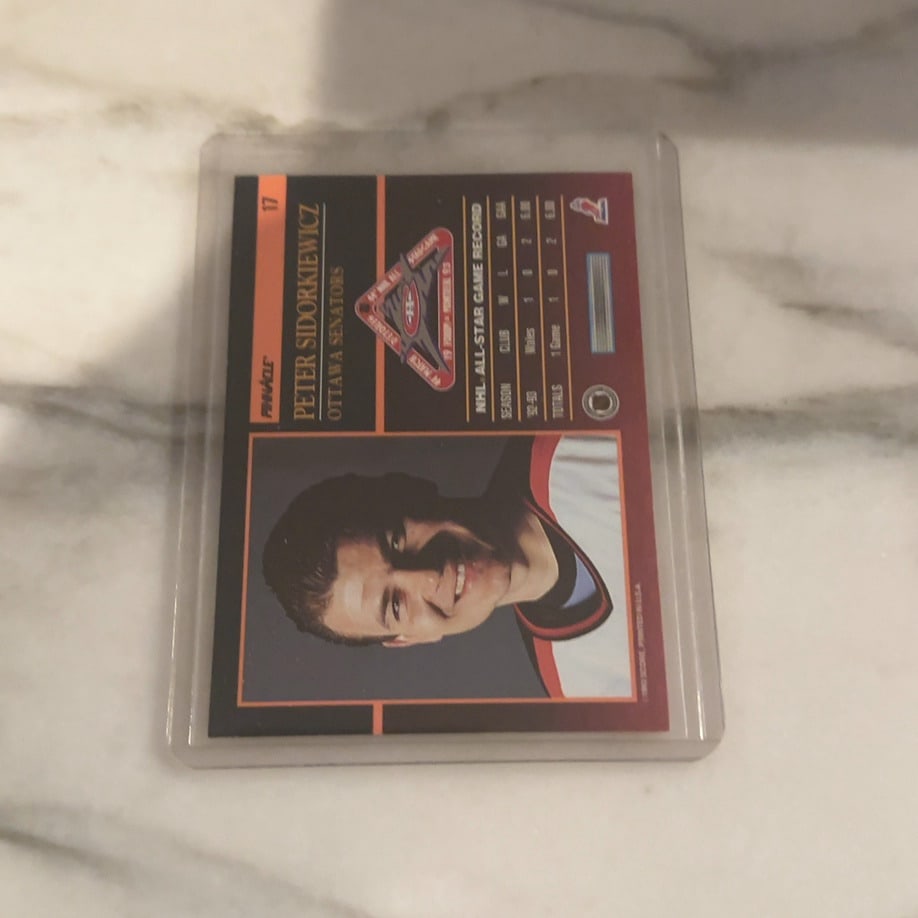 1993-94 Pinnacle Peter Sidorkiewicz Hockey Card: This is a vintage 1993-94 Pinnacle NHL trading card featuring goaltender Peter Sidorkiewicz of the Ottawa Senators. The card displays the player's All-Star game record on the reverse side and is