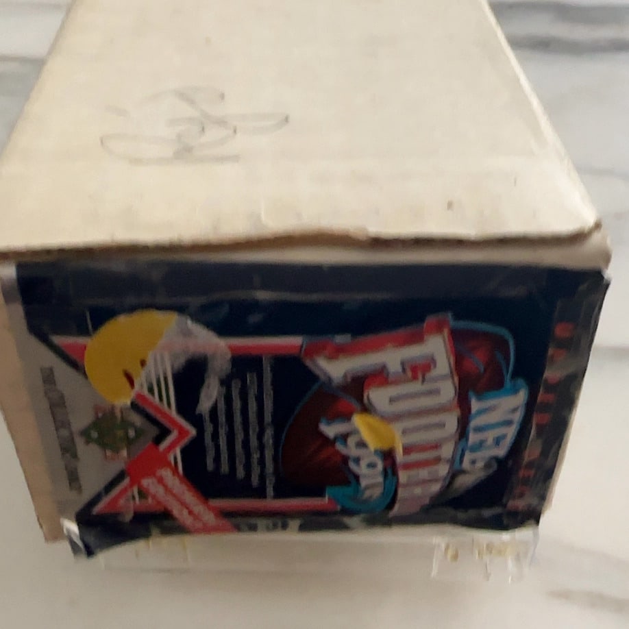 1991 Upper Deck NFL Football High Series Box: 1991 Upper Deck NFL football trading cards. The end of the box features a 1991 Upper Deck Premier Edition football pack wrapper used as a label, displaying the year '1991', the 'NFL Football'