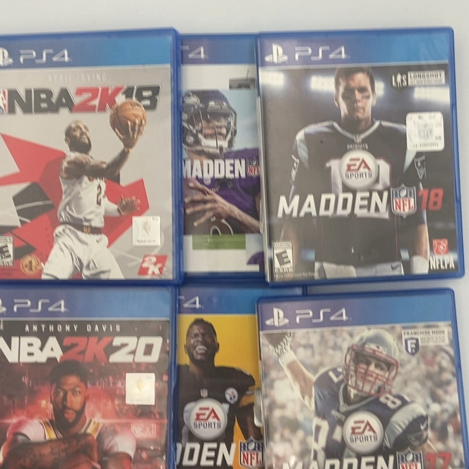 PlayStation 4 Games: This is a collection of six sports-themed video games for the PlayStation 4 console. The set includes various titles from the NBA 2K and Madden NFL franchises, featuring star athletes like Kyrie