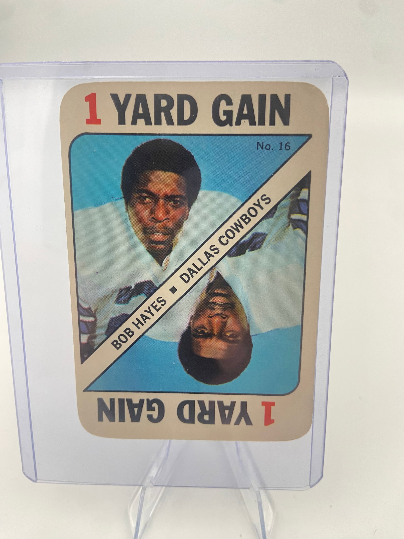 1972 Topps Bob Hayes Football Card: This is a 1972 Topps football card featuring Dallas Cowboys wide receiver Bob Hayes. It is labeled as card number 16 in the set and highlights his position as a play-making receiver. The card is