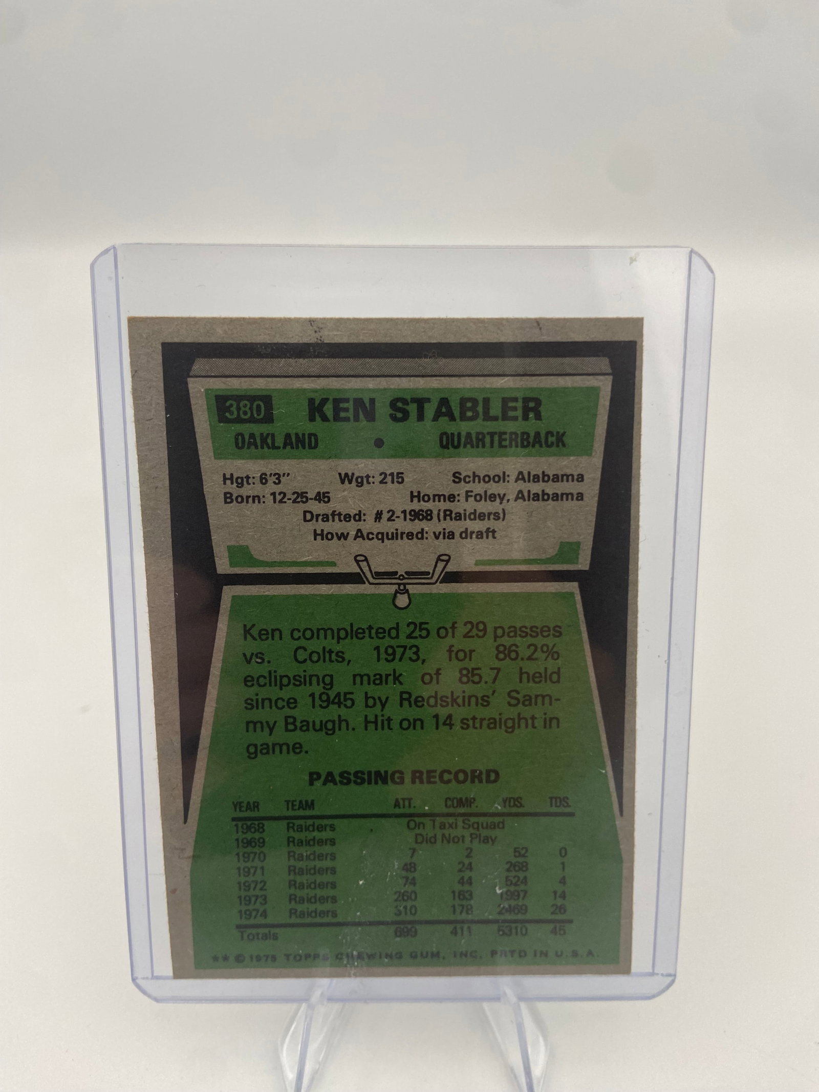 1975 Topps Ken Stabler Raiders Football Card - 2