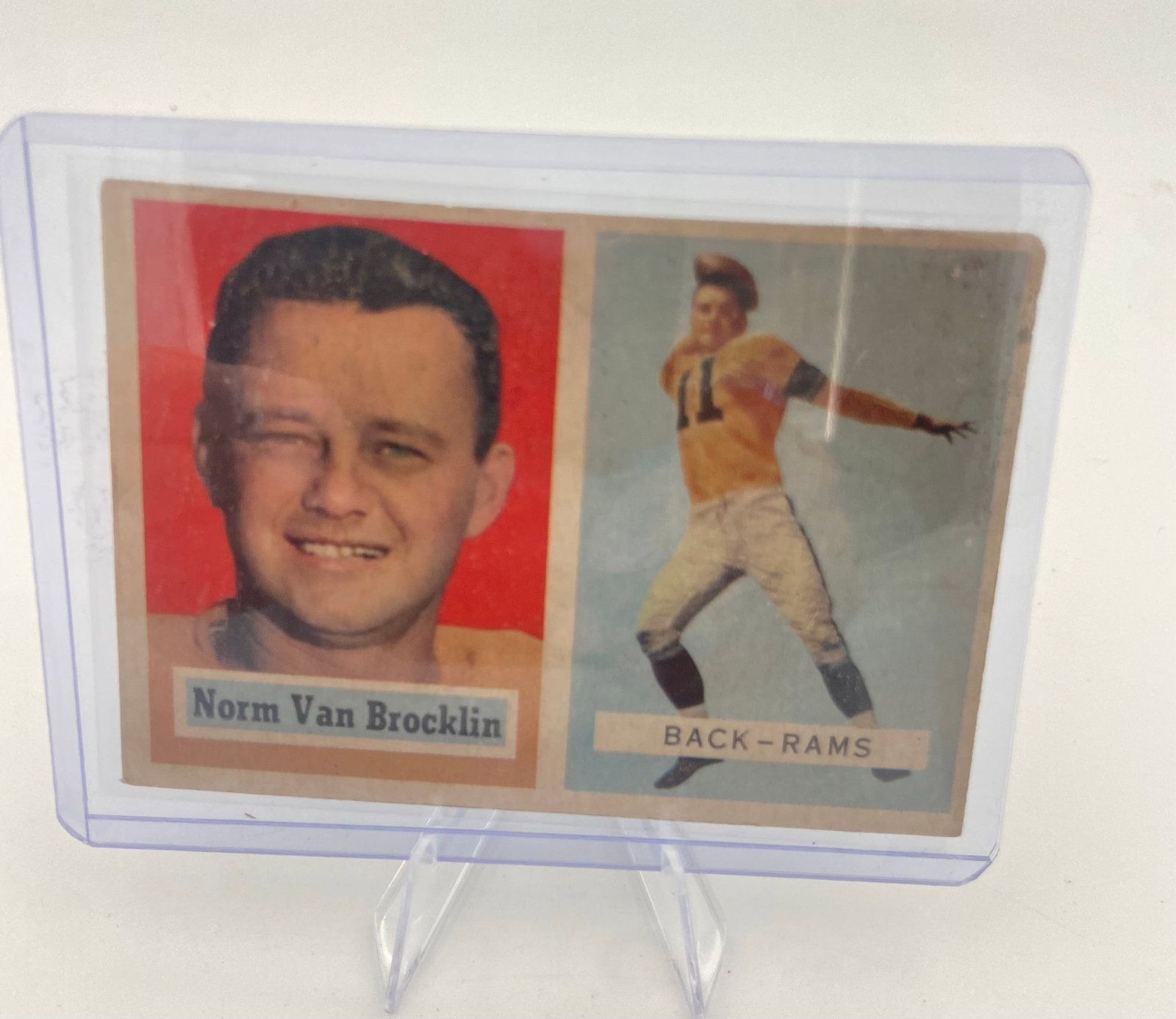 1951 Bowman Norm Van Brocklin Rams Football Card: This is a 1951 Bowman football card featuring Los Angeles Rams quarterback Norm Van Brocklin. It shows a close-up portrait on the left and a full-body action shot of him throwing a football on the