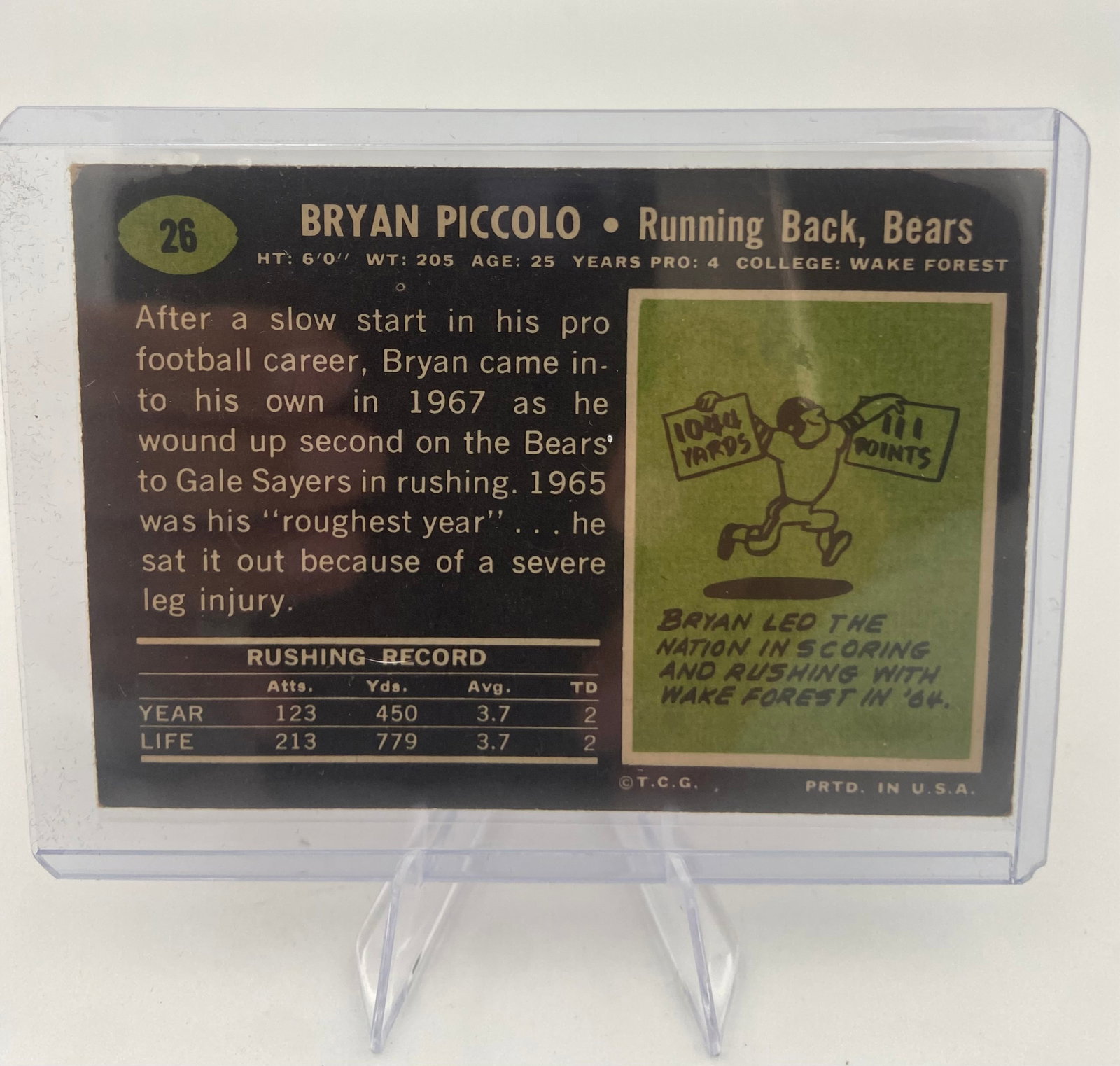 1970 Topps Brian Piccolo Chicago Bears Football Card - 2