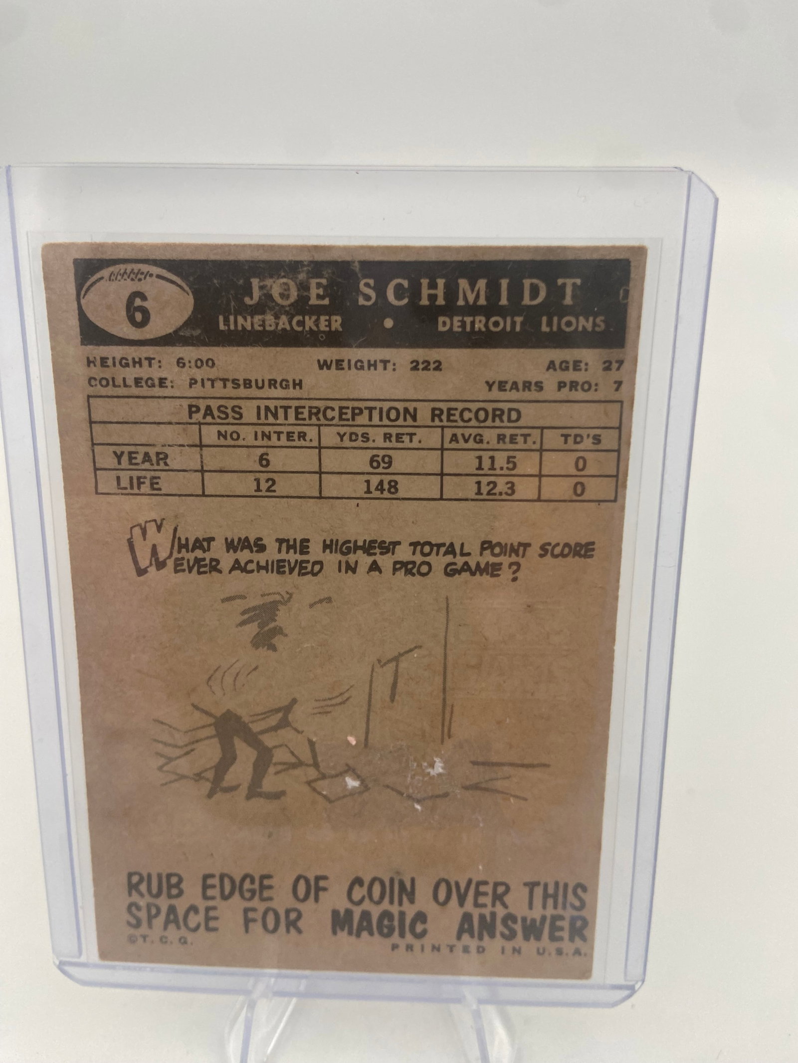 1958 Topps Joe Schmidt Detroit Lions Football Card - 2