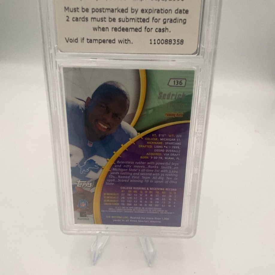 1999 Topps Stadium Club Sedrick Irvin #136: This is a 1999 Topps Stadium Club football card featuring Detroit Lions running back Sedrick Irvin. The card is professionally slabbed and encased in a protective holder. It showcases his college