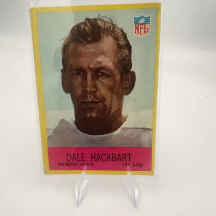 1963 Topps Dale Hackbart Minnesota Vikings Football Card: This is a 1963 Topps football trading card featuring Minnesota Vikings defensive back Dale Hackbart. The card showcases a classic portrait style design characteristic of the era and includes an NFL lo