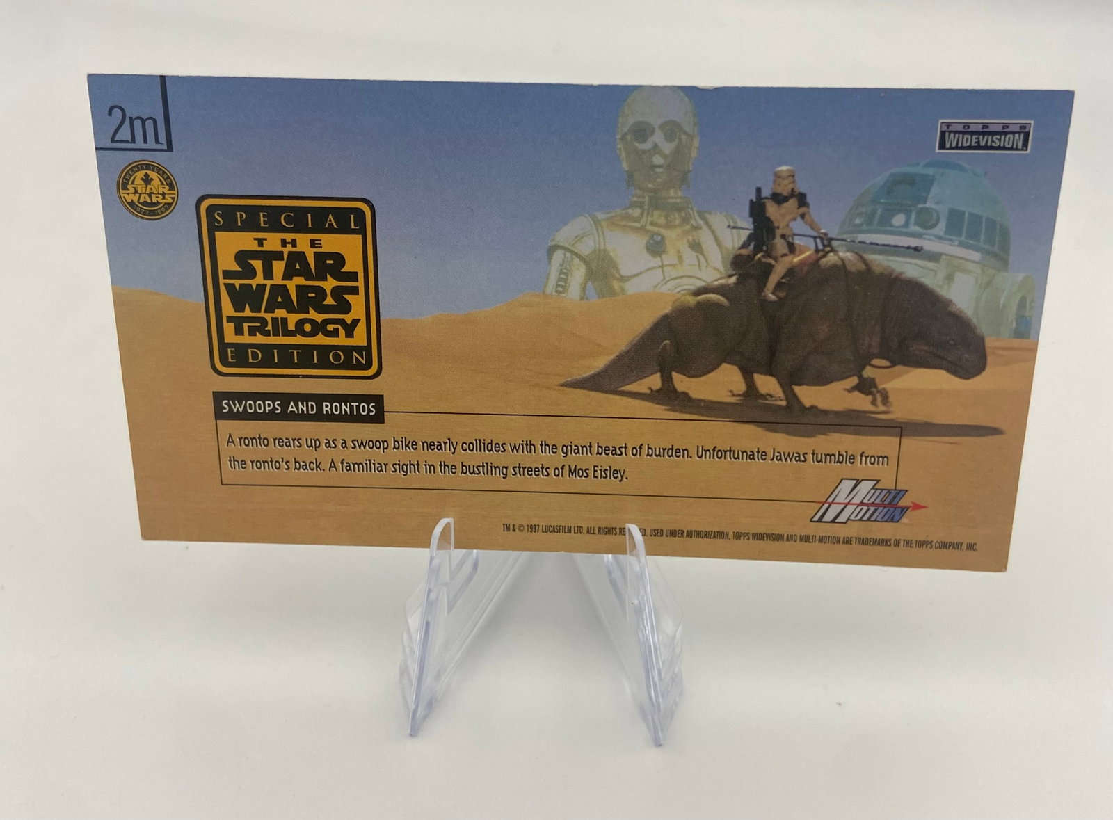 1997 Topps Star Wars Trilogy Special Edition Card 2m: Star Wars widevision trading card titled Swoops and Rontos from the 1997 Topps Special Trilogy Edition set. The card features lenticular multi-motion technology and commemorates the 20th anniversary
