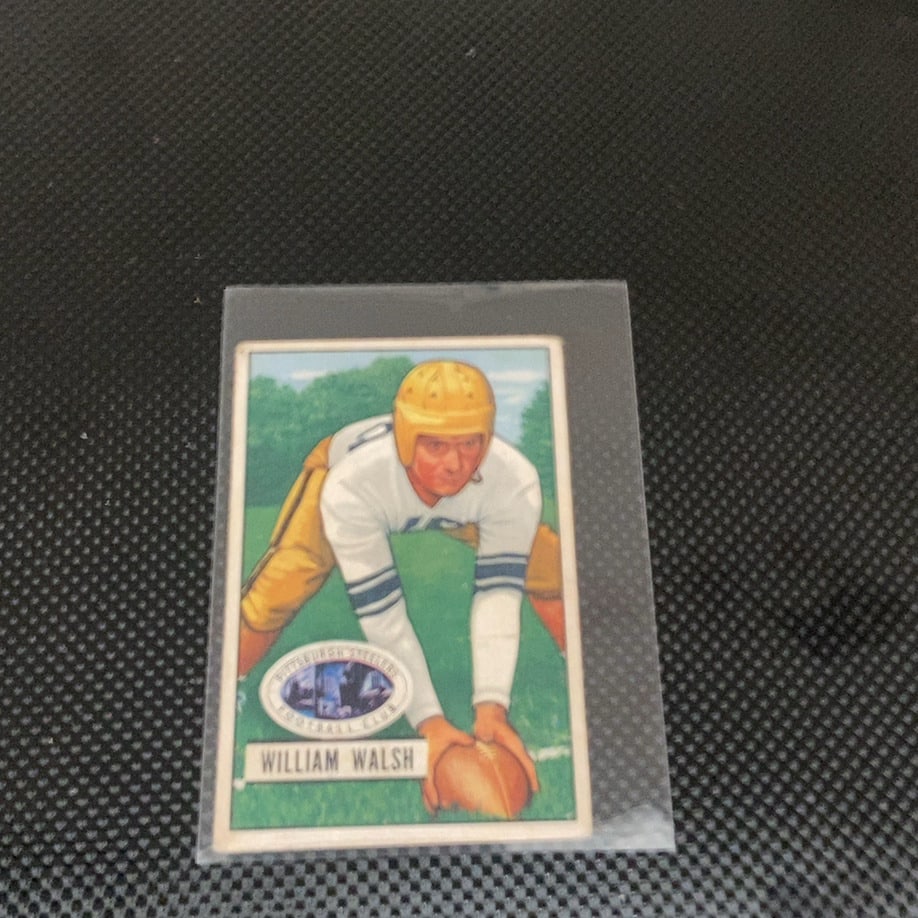 1948 Leaf William Walsh Football Card: This is a 1948 Leaf football card featuring Pittsburgh Steelers player William Walsh. The card displays a vintage-style illustrated portrait of the athlete in a three-point stance. It is currently