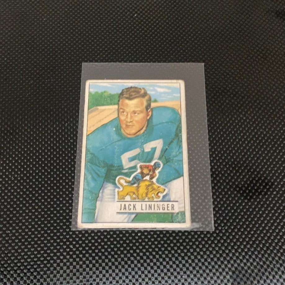 Vintage Jack Lininger Football Trading Card: This is a vintage sports trading card featuring Jack Lininger. The card depicts him in his football uniform wearing number 57 with a lion mascot graphic.