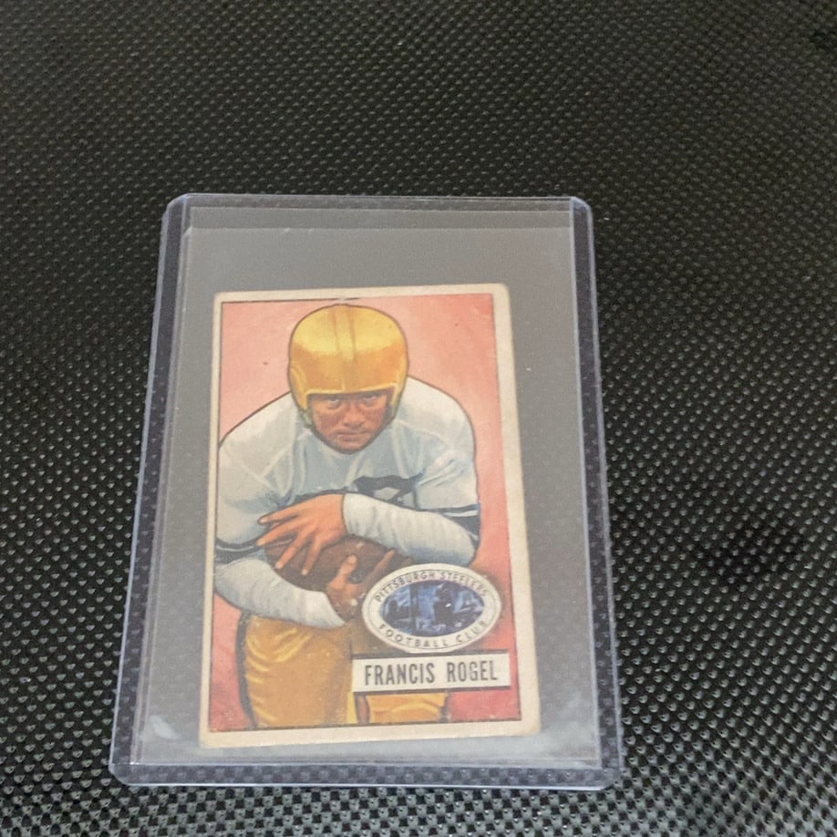 Vintage Francis Rogel Pittsburgh Steelers Trading Card: This is a 1950 Bowman football card featuring Pittsburgh Steelers fullback Francis Rogel. The vintage card captures a painted portrait of the player in uniform and appears to be in fair to good