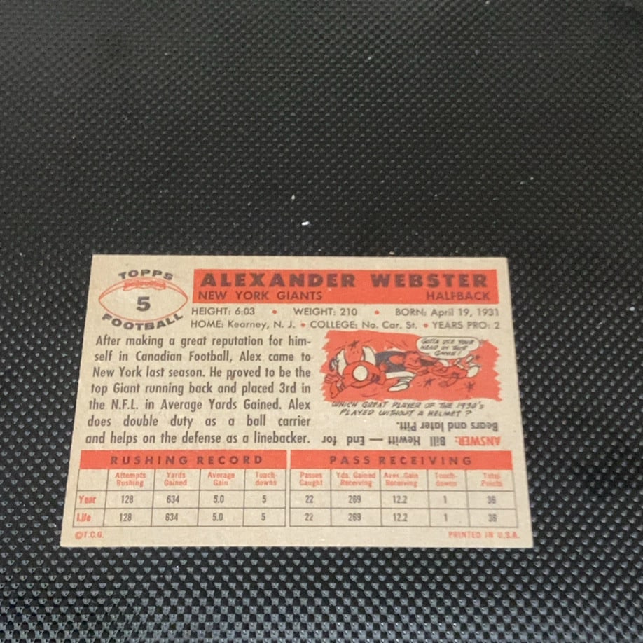 Vintage Alex Webster New York Giants Trading Card - 2