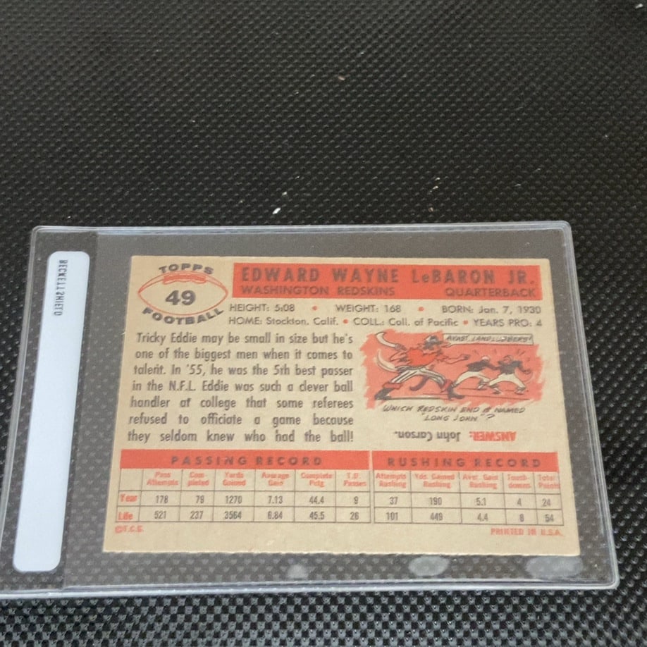 1961 Fleer Eddie LeBaron Washington Redskins Football Card - 2