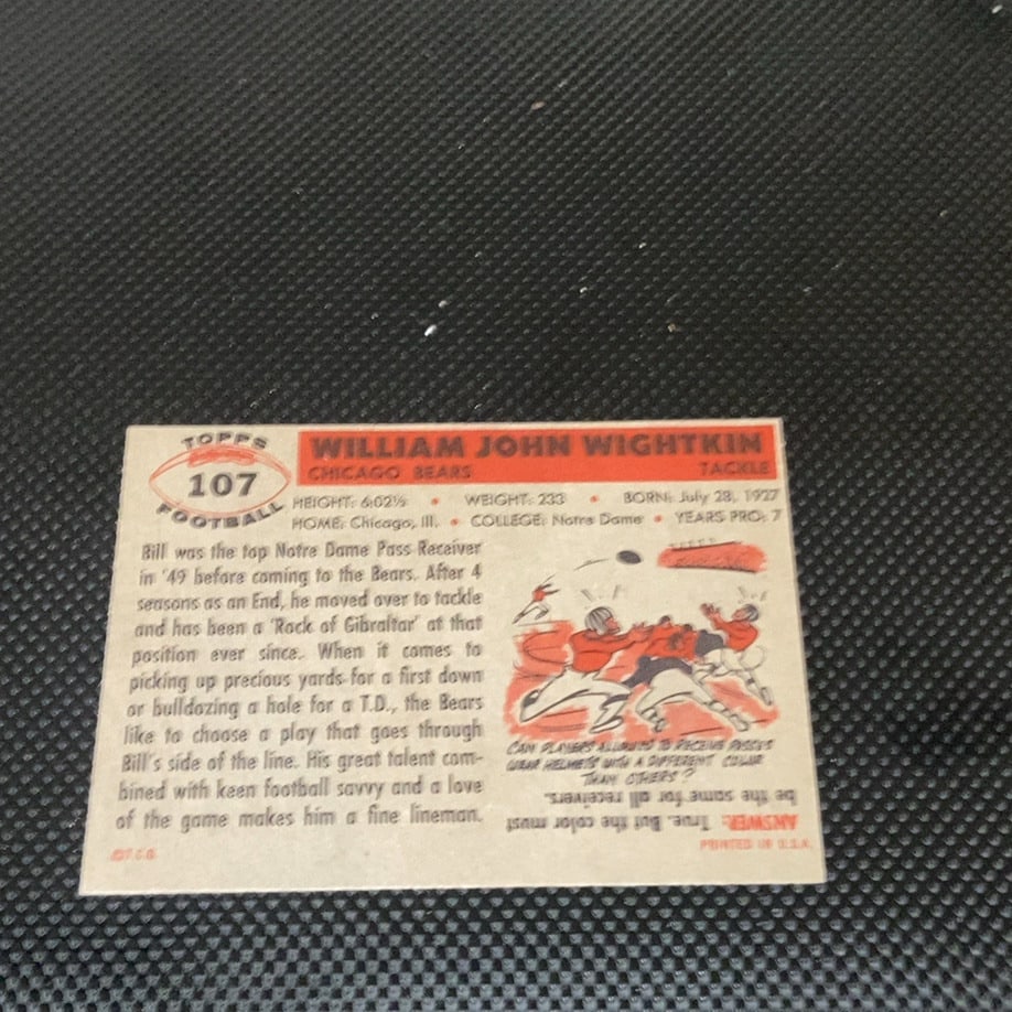 Bill Wightkin Chicago Bears Football Card - 2