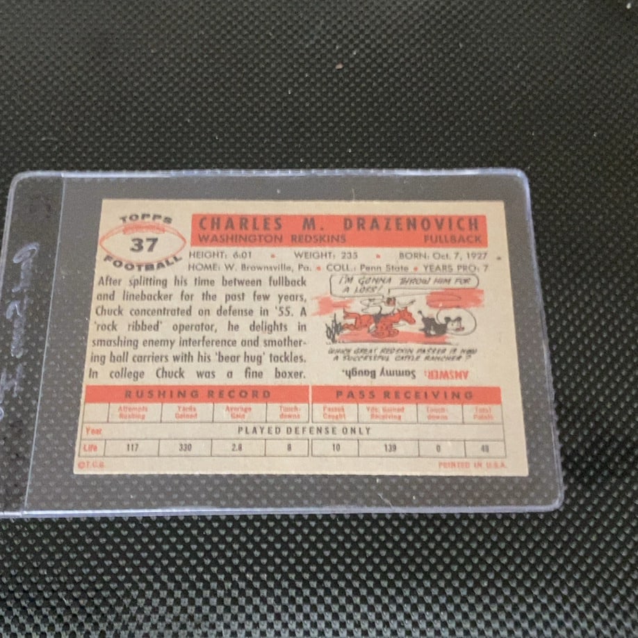 1955 Bowman Chuck Drazenovich Washington Redskins Card - 2