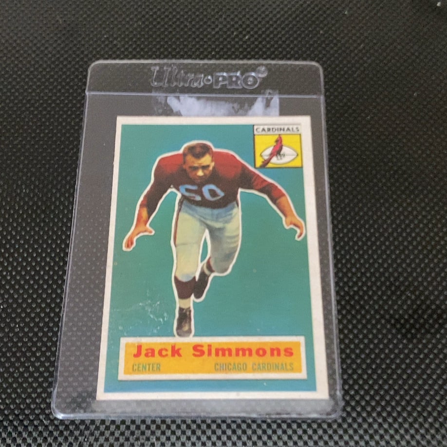 Vintage Jack Simmons Chicago Cardinals Trading Card: This is a vintage trading card featuring Jack Simmons of the Chicago Cardinals. The card identifies him as the team center and displays his jersey number 50.