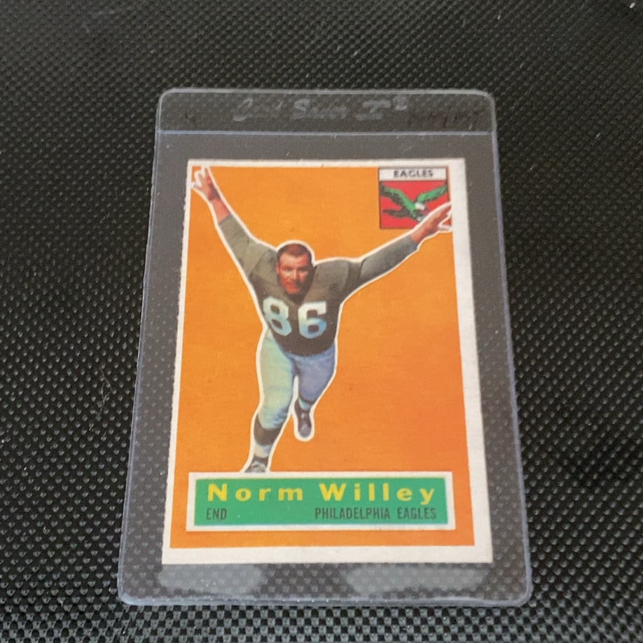 1954 Bowman Norm Willey: This is a 1954 Bowman football card featuring Philadelphia Eagles player Norm Willey. The card shows Willey in action and includes his team and position as End.