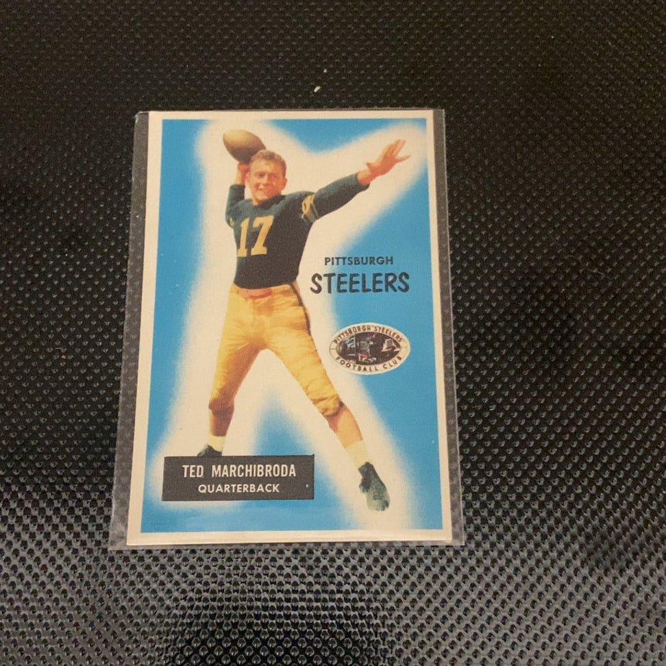 Ted Marchibroda Pittsburgh Steelers Vintage Trading Card: This trading card features Pittsburgh Steelers quarterback Ted Marchibroda in action. The card displays the Pittsburgh Steelers name and team logo prominently. It is a vintage-style sports card