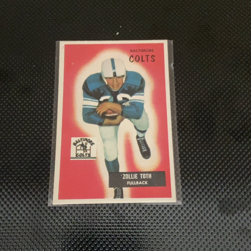 1955 Bowman Zollie Toth Baltimore Colts Football Card: This is a 1955 Bowman football card featuring Baltimore Colts fullback Zollie Toth. The card is in excellent condition and showcases the iconic high-contrast art style characteristic of this set. It