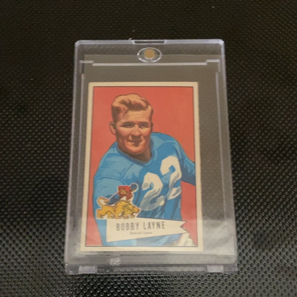 Bobby Layne Detroit Lions: This is a 1955 Bowman football card featuring Pro Football Hall of Fame quarterback Bobby Layne of the Detroit Lions. The card captures the classic aesthetic of the 1955 set, which prominently